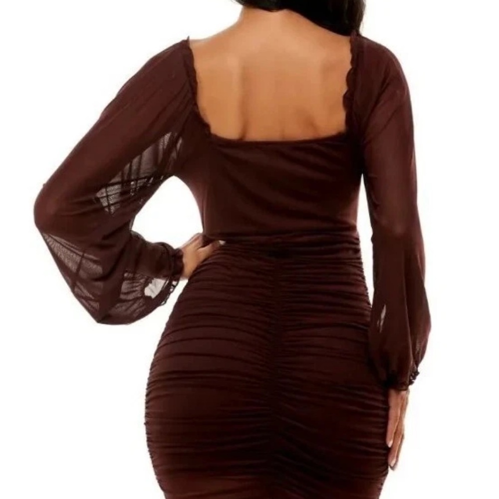 Almost Famous Brown Mesh-Sleeve Ruched Bodycon Dress NWT - Picture 2 of 6